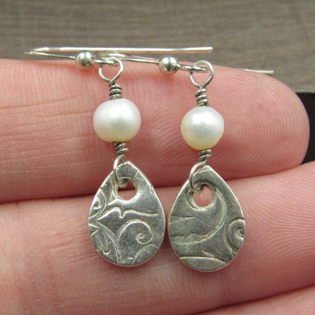 Sterling Silver Fancy Teardrop Pearl Dangle Earrings Vintage